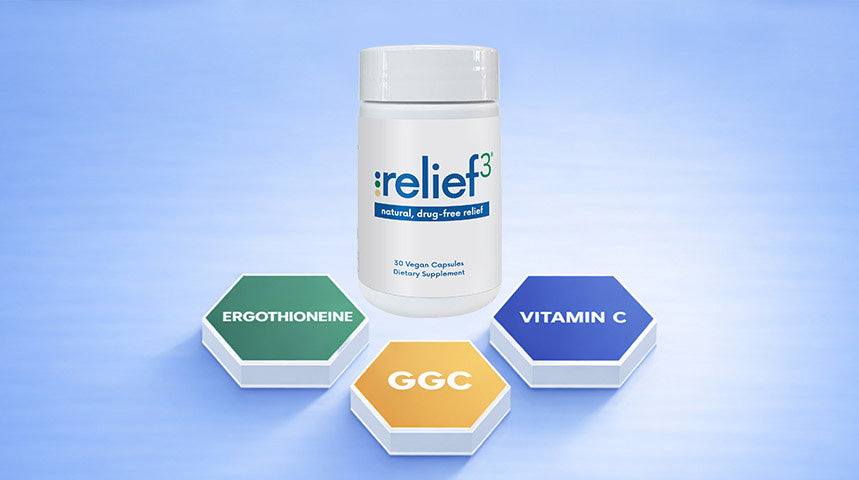 Relief3 bottle with its three key ingredients: Ergothioneine, GGC, and Vitamin C